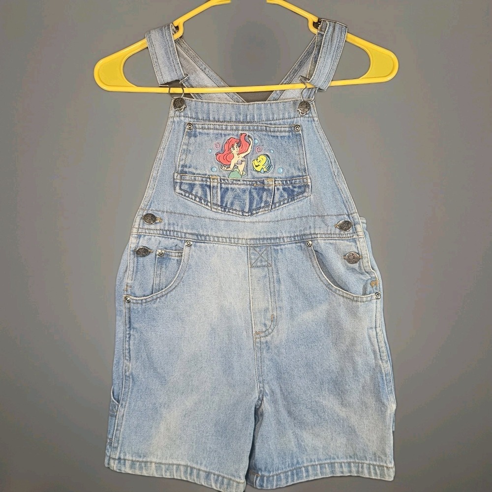 Vintage 90s Little Mermaid Short Overalls Girls Disney Denim Ariel Flounder Sz 6